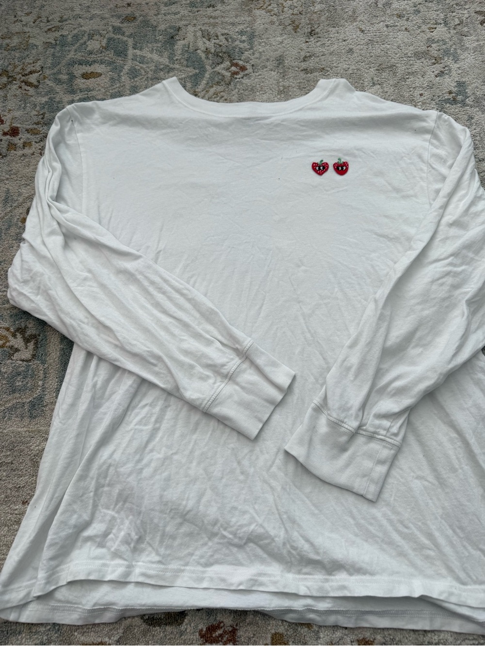 PINK Victoria's Secret White Long-Sleeve Tee with Red Cherry Patch